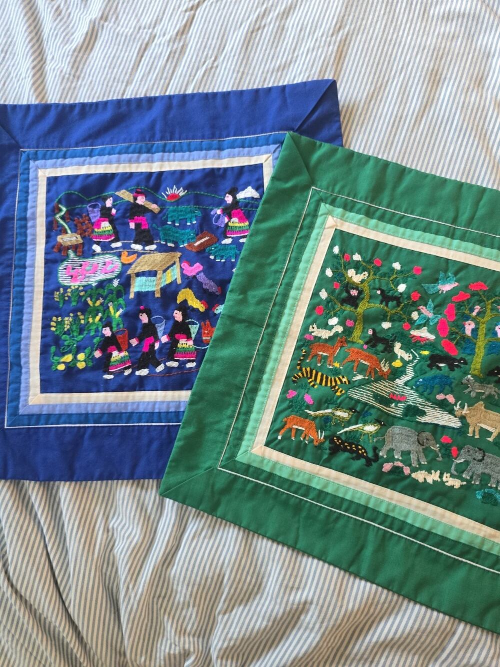 Vtg Hmong Story Cloth Embroidered Throw Pillow Burgundy Square Folk Art 16"×16"